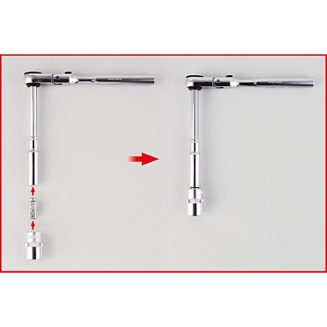 Zwei silberne Knarren, eine zerlegt, eine montiert. Ein roter Pfeil zeigt die Montage.